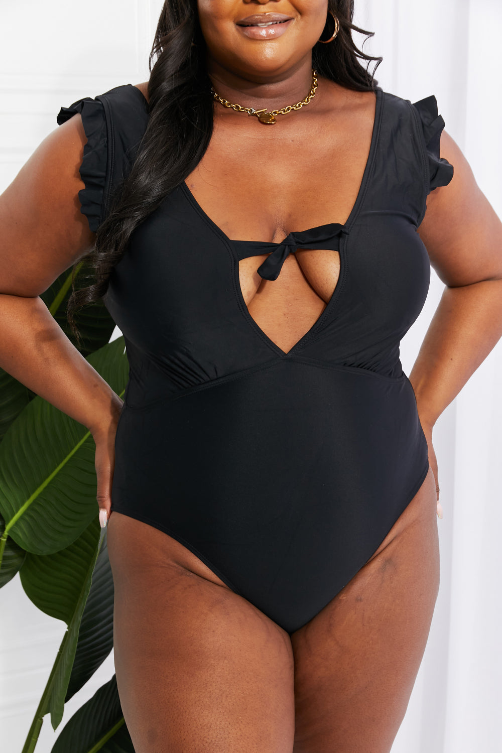 Marina West Swim Seashell Ruffle Sleeve One-Piece in Black free shipping -Oh Em Gee Boutique