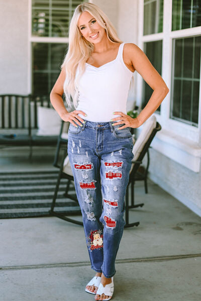 Santa Graphic Distressed Straight Jeans free shipping -Oh Em Gee Boutique
