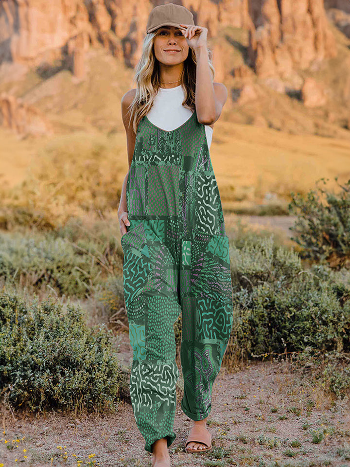 Full Size Printed V-Neck Sleeveless Jumpsuit free shipping -Oh Em Gee Boutique