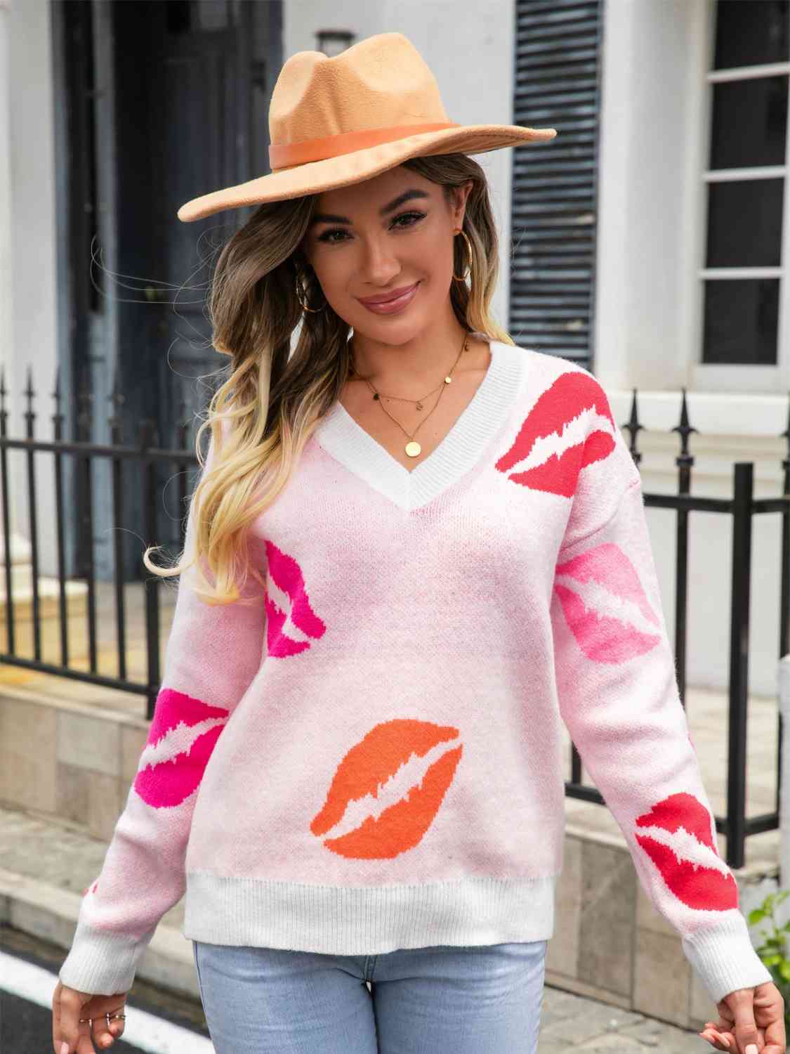 Lip V-Neck Drop Shoulder Sweater free shipping -Oh Em Gee Boutique
