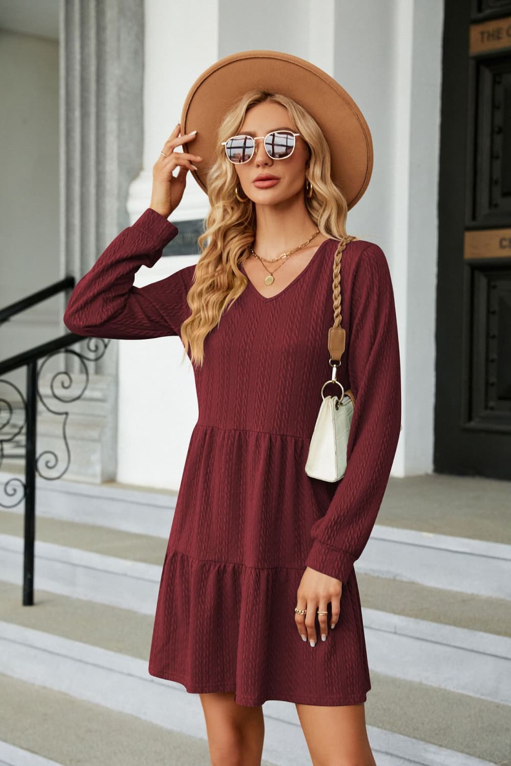 V-Neck Long Sleeve Mini Dress free shipping -Oh Em Gee Boutique