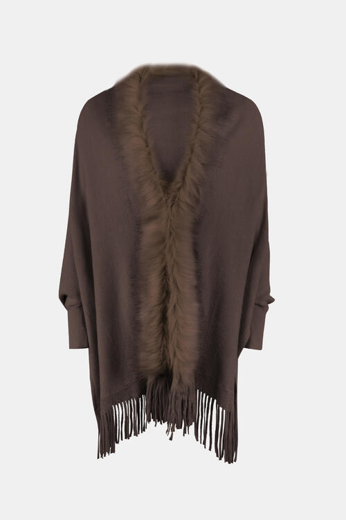 Fringe Open Front Long Sleeve Poncho free shipping -Oh Em Gee Boutique