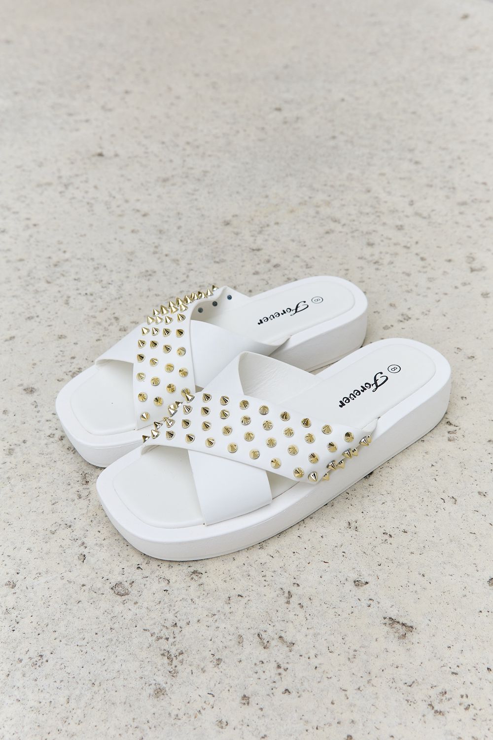 Forever Link Studded Cross Strap Sandals in White free shipping -Oh Em Gee Boutique