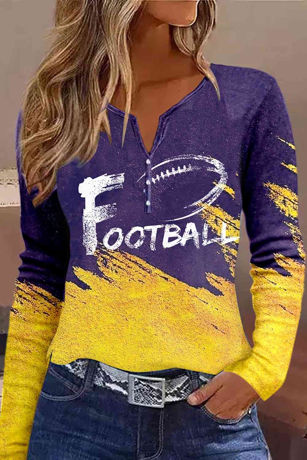 FOOTBALL Graphic Notched Neck Long Sleeve T-Shirt free shipping -Oh Em Gee Boutique