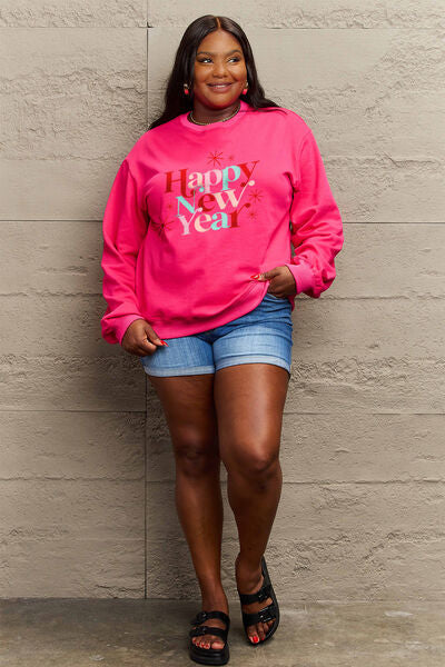 Simply Love Full Size HAPPY NEW YEAR Round Neck Sweatshirt free shipping -Oh Em Gee Boutique