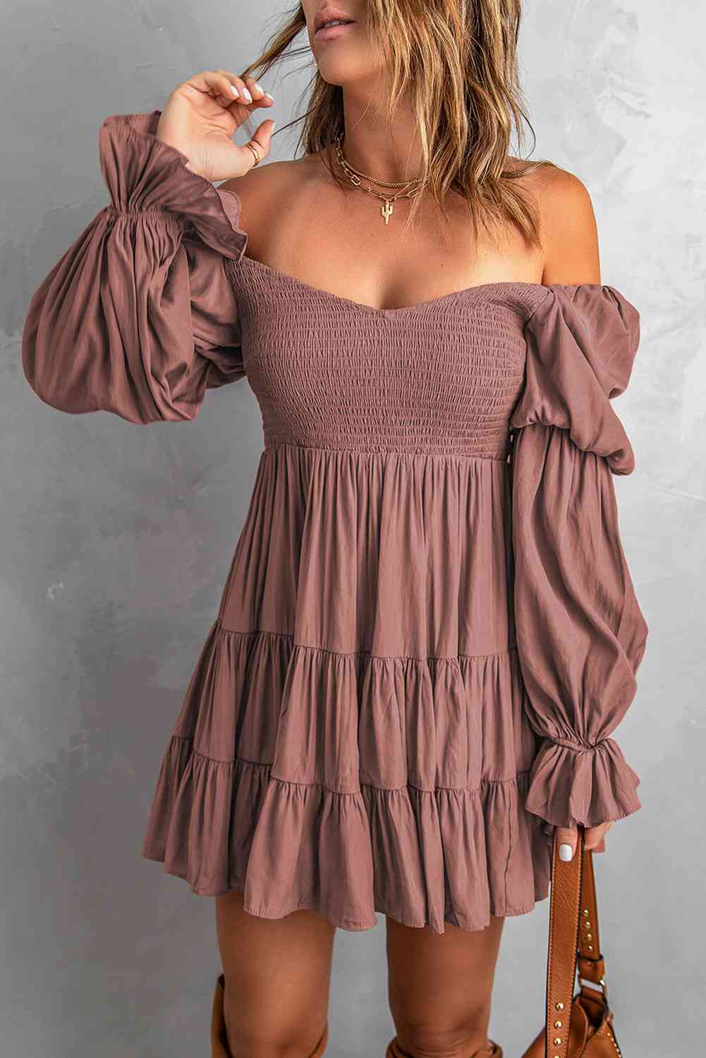 Smocked Off-Shoulder Tiered Mini Dress free shipping -Oh Em Gee Boutique