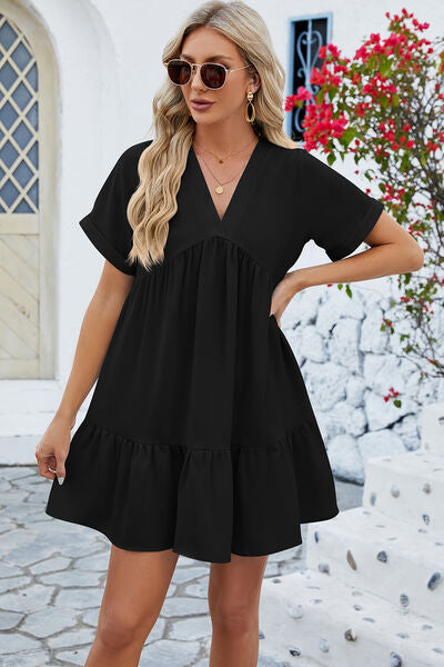 Ruched Tiered V-Neck Short Sleeve Mini Dress free shipping -Oh Em Gee Boutique