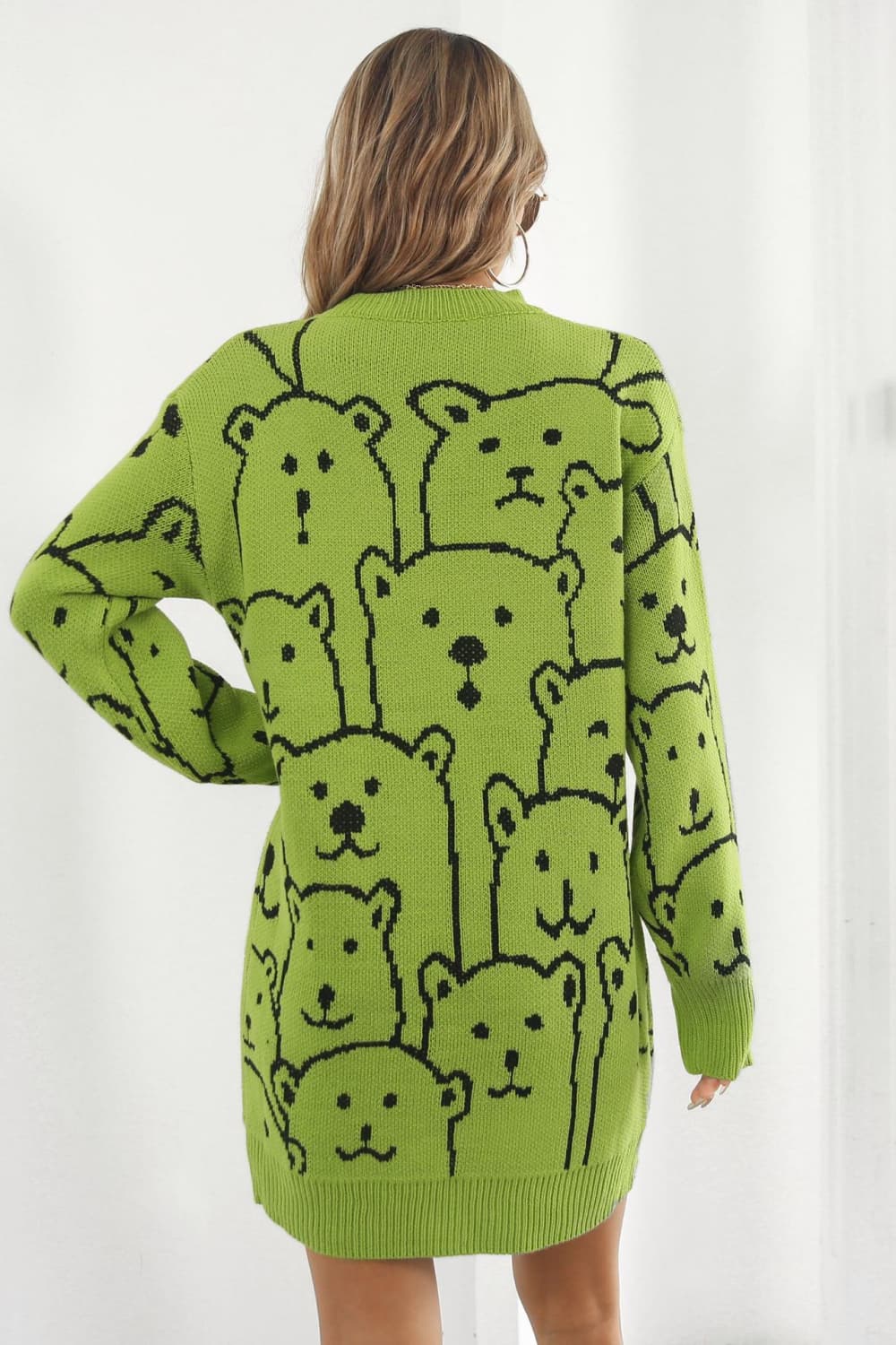 Bear Pattern Round Neck Sweater Dress free shipping -Oh Em Gee Boutique