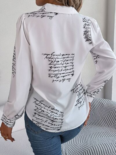 Letter Printed Button Up Long Sleeve Blouse free shipping -Oh Em Gee Boutique