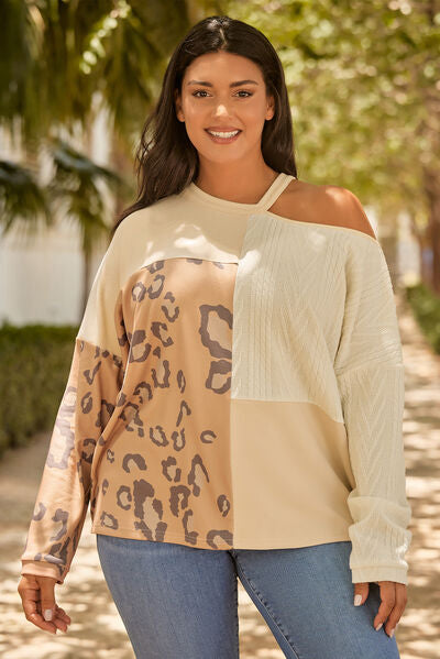Plus Size Leopard Color Block Long Sleeve T-Shirt free shipping -Oh Em Gee Boutique