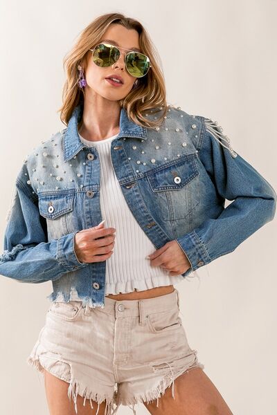 BiBi Pearl Detail Distressed Cropped Denim Jacket free shipping -Oh Em Gee Boutique