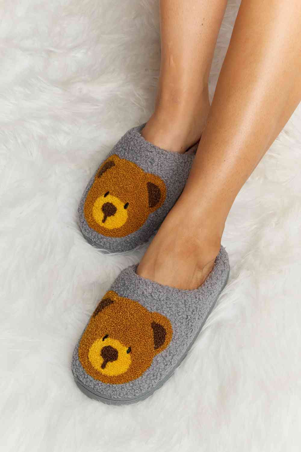 Melody Teddy Bear Print Plush Slide Slippers free shipping -Oh Em Gee Boutique