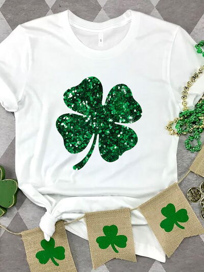 Lucky Clover Sequin Round Neck T-Shirt free shipping -Oh Em Gee Boutique