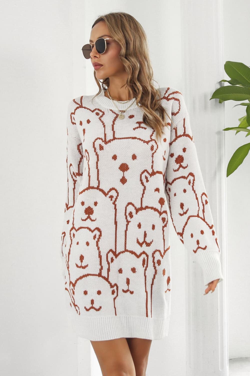 Bear Pattern Round Neck Sweater Dress free shipping -Oh Em Gee Boutique