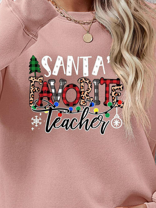 Letter Graphic Sweatshirt, Santa's Favorite Teacher free shipping -Oh Em Gee Boutique