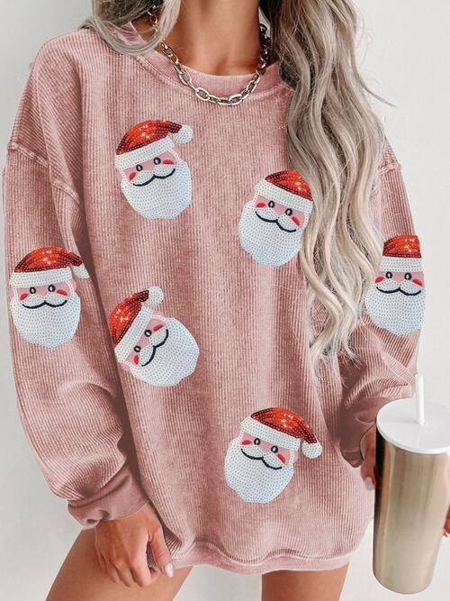 Sequin Santa Patch Ribbed Sweatshirt free shipping -Oh Em Gee Boutique