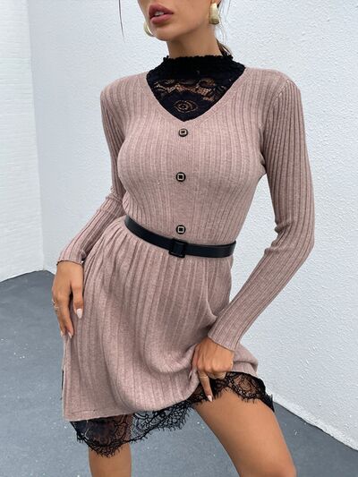 Lace Detail Decorative Button Long Sleeve Sweater Dress free shipping -Oh Em Gee Boutique