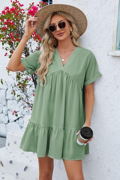 Ruched Tiered V-Neck Short Sleeve Mini Dress free shipping -Oh Em Gee Boutique
