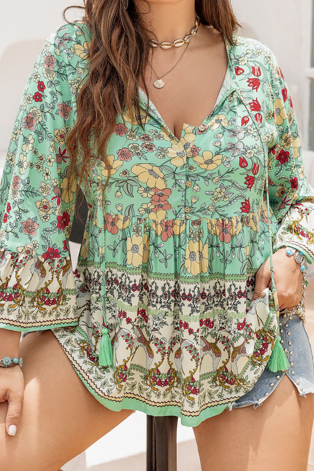 Plus Size Floral Tassel Tie Blouse free shipping -Oh Em Gee Boutique