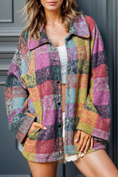Plaid Pocketed Snap Down Jacket free shipping -Oh Em Gee Boutique