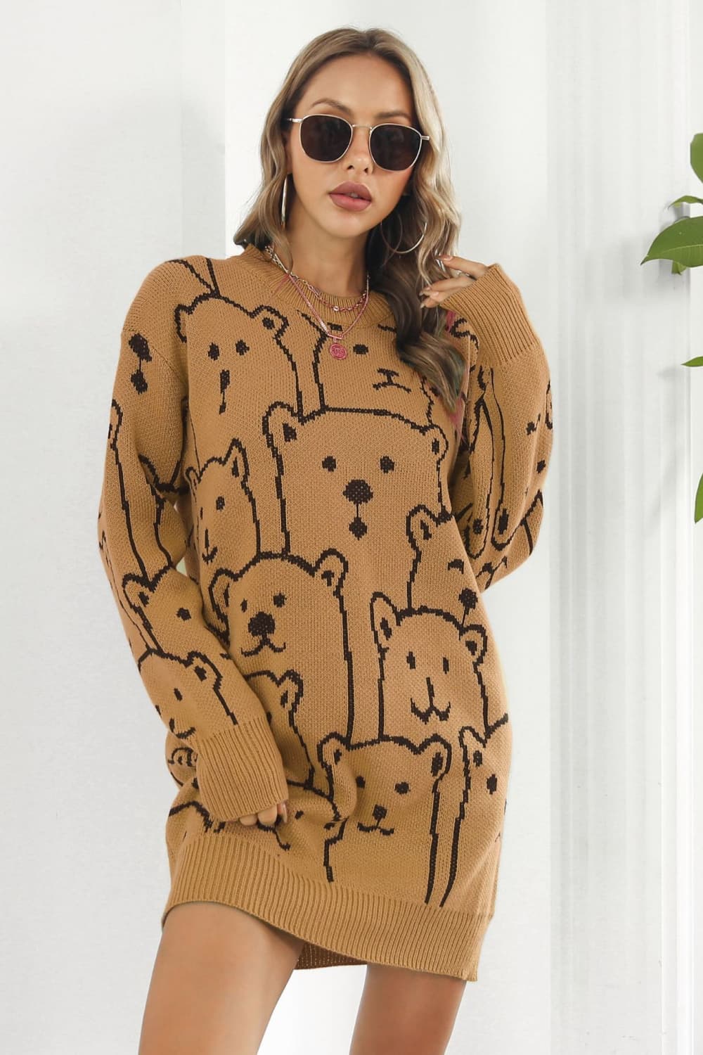 Bear Pattern Round Neck Sweater Dress free shipping -Oh Em Gee Boutique