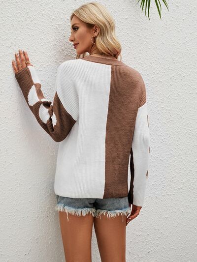 Heart Contrast Dropped Shoulder Sweater free shipping -Oh Em Gee Boutique