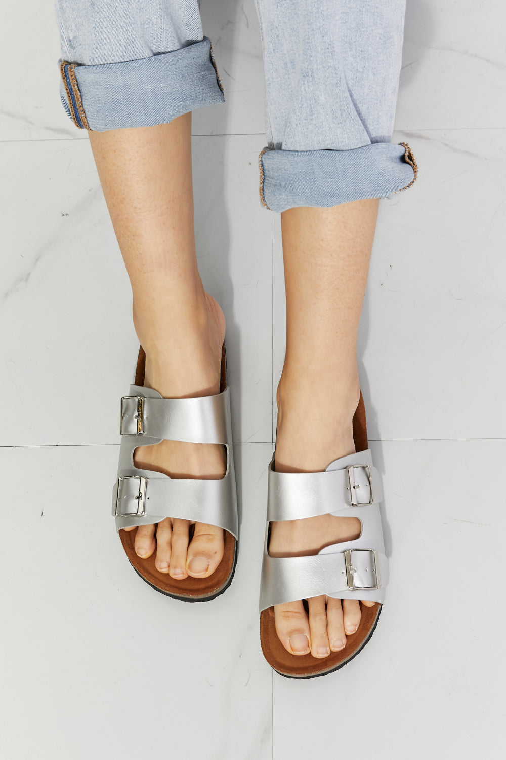 MMShoes Best Life Double-Banded Slide Sandal in Silver free shipping -Oh Em Gee Boutique