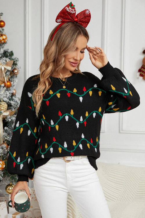 Christmas Lights, Round Neck Pattern Lantern Sleeve Sweater free shipping -Oh Em Gee Boutique