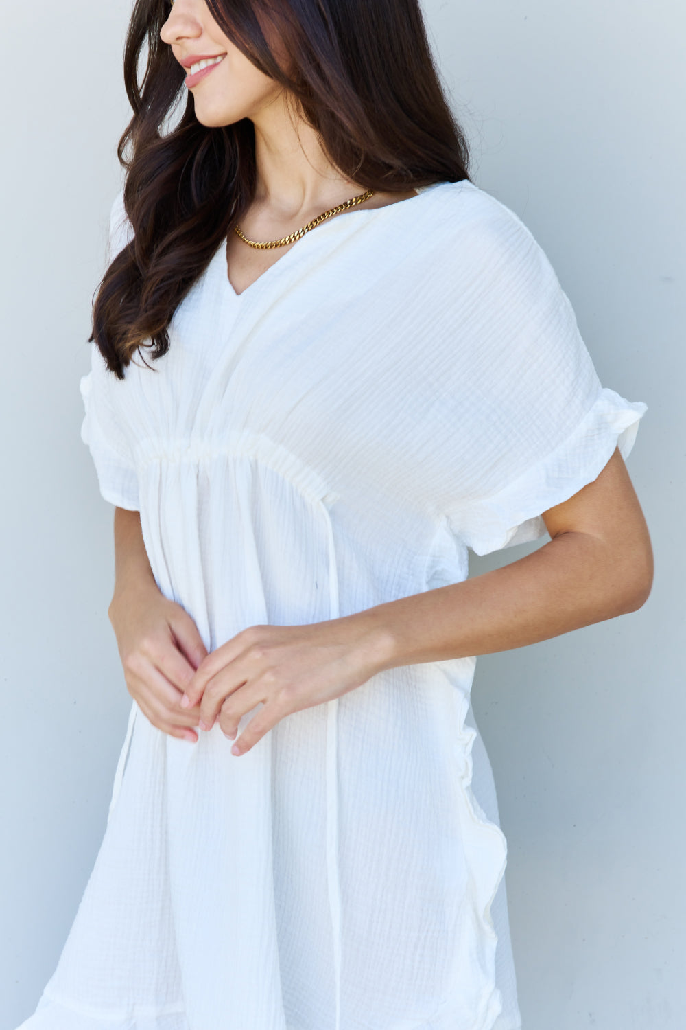 Ninexis Out Of Time Full Size Ruffle Hem Dress with Drawstring Waistband in White free shipping -Oh Em Gee Boutique