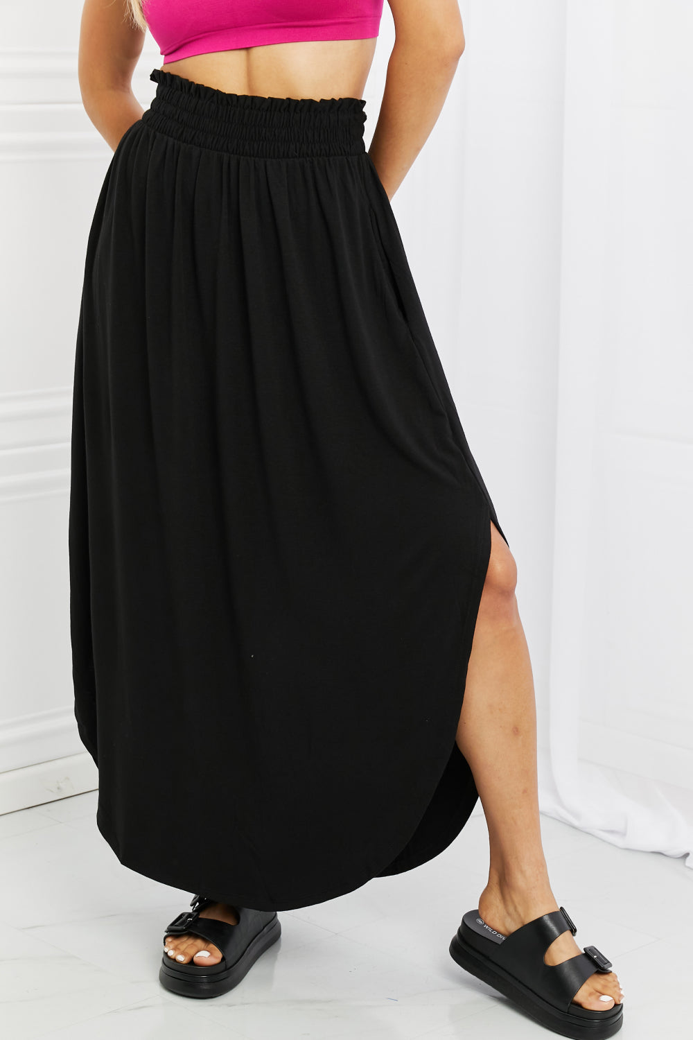 Zenana It's My Time Full Size Side Scoop Scrunch Skirt in Black free shipping -Oh Em Gee Boutique