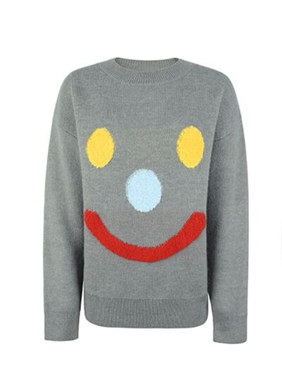 Smile Pattern Round Neck Dropped Shoulder Sweater free shipping -Oh Em Gee Boutique