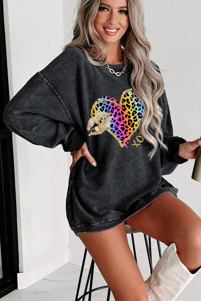 Valentine's XOXO Leopard Round Neck Sweatshirt free shipping -Oh Em Gee Boutique