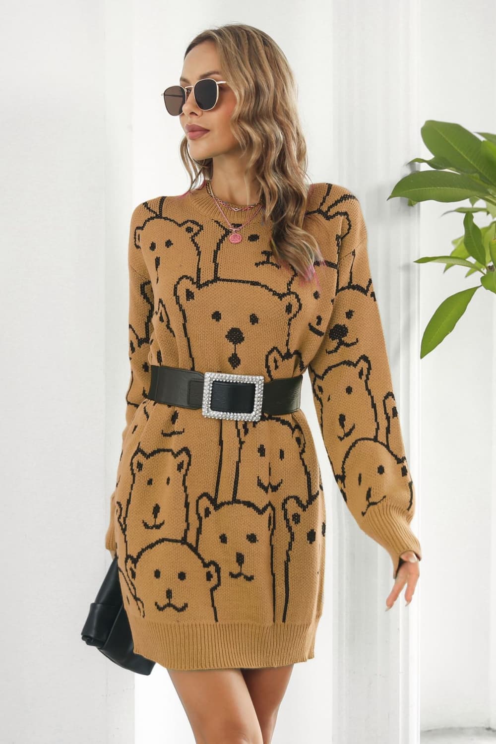Bear Pattern Round Neck Sweater Dress free shipping -Oh Em Gee Boutique