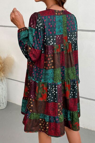 Printed Balloon Sleeve Tiered Dress free shipping -Oh Em Gee Boutique