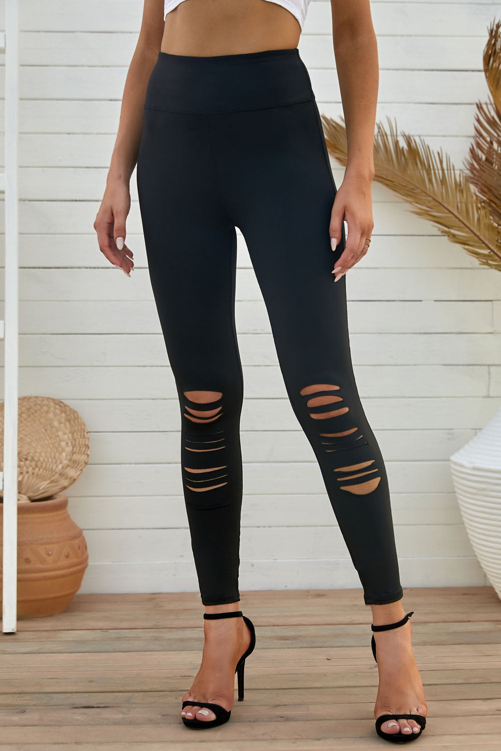 Wide Waistband Distressed Slim Fit Leggings free shipping -Oh Em Gee Boutique