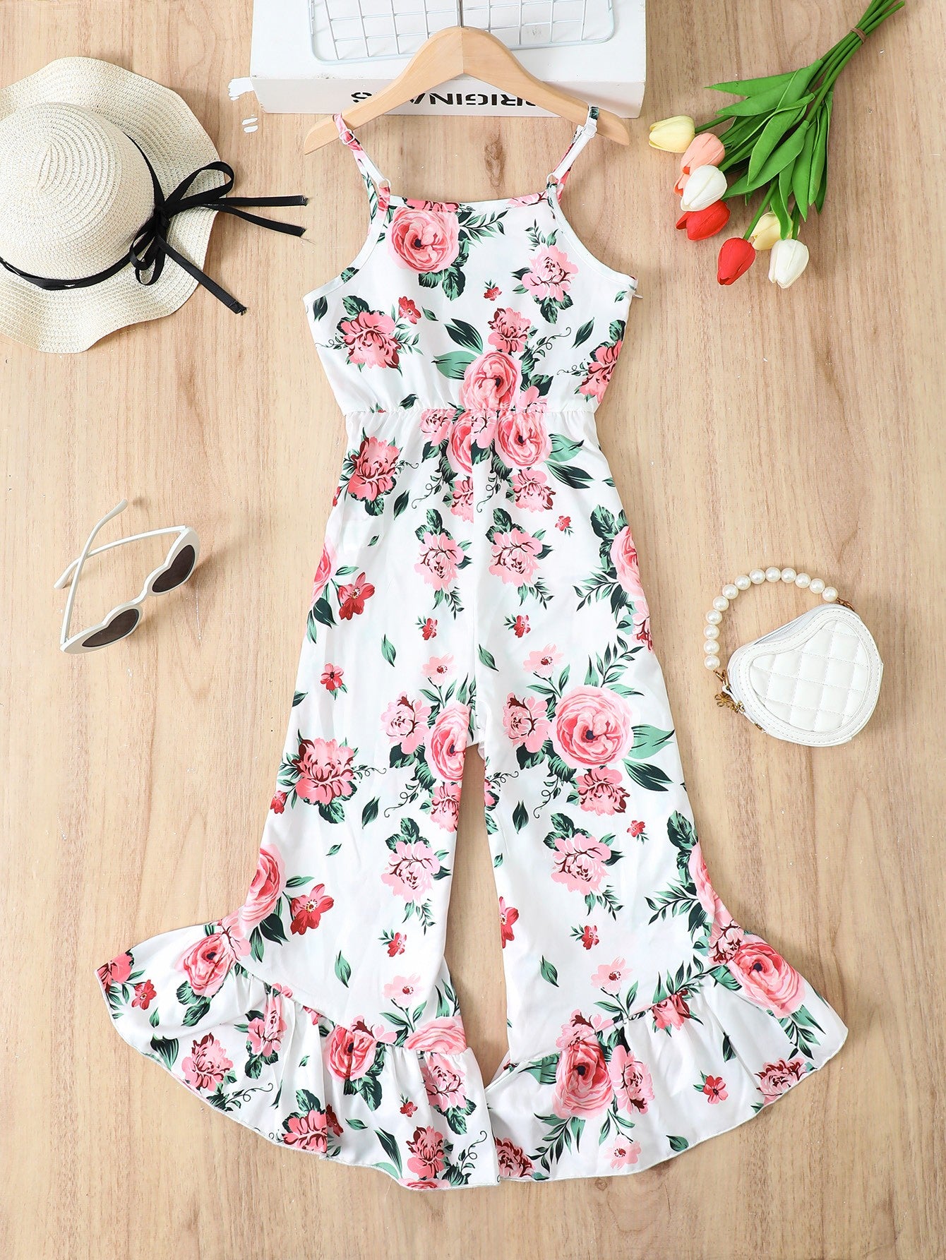 Little Girl's Floral Spaghetti Strap Flare Leg Jumpsuit free shipping -Oh Em Gee Boutique
