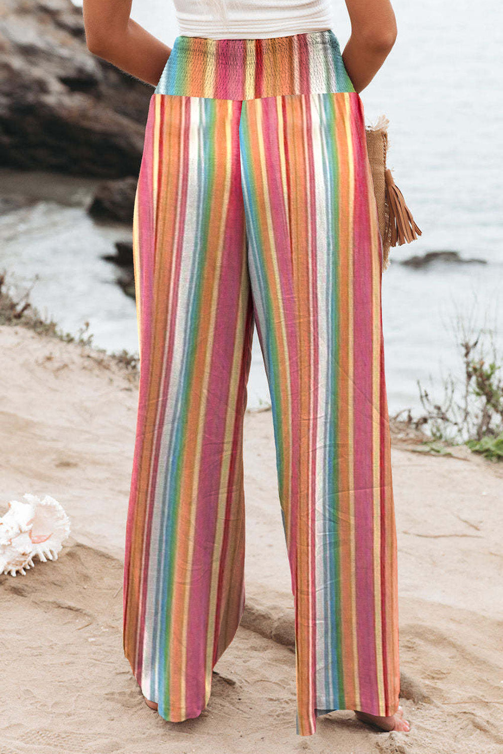 Striped Smocked Waist Pants with Pockets free shipping -Oh Em Gee Boutique