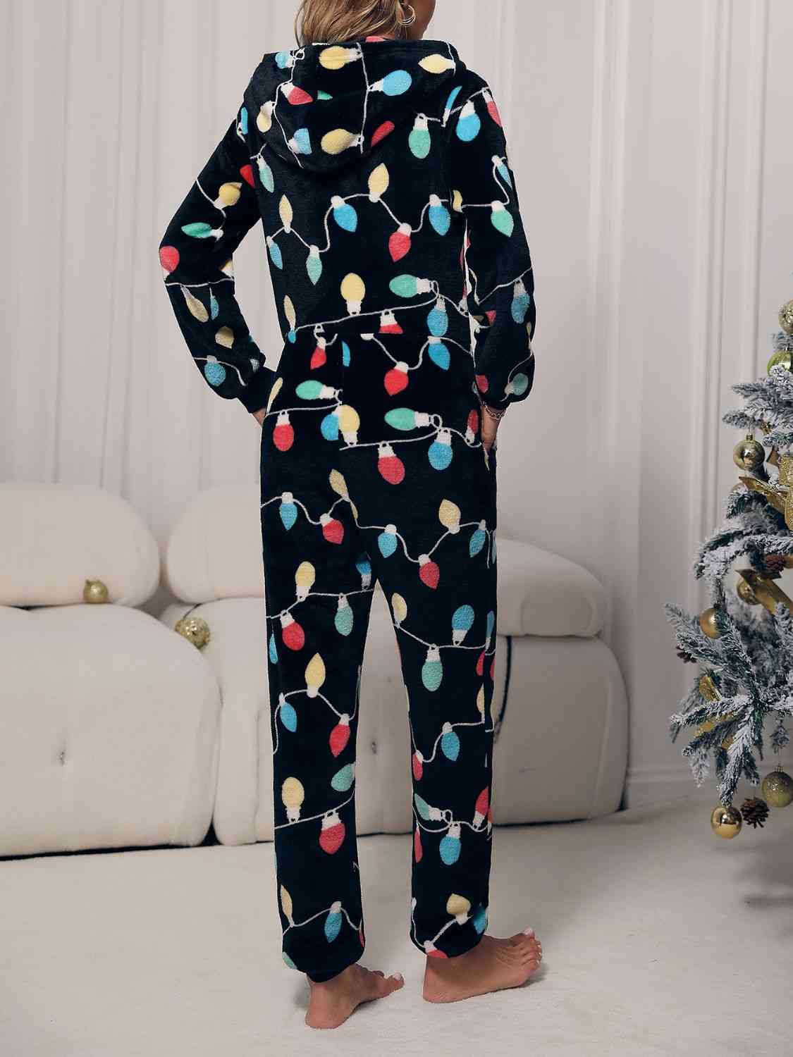 Christmas Lights Zip Front Hooded Lounge Jumpsuit with Pockets free shipping -Oh Em Gee Boutique