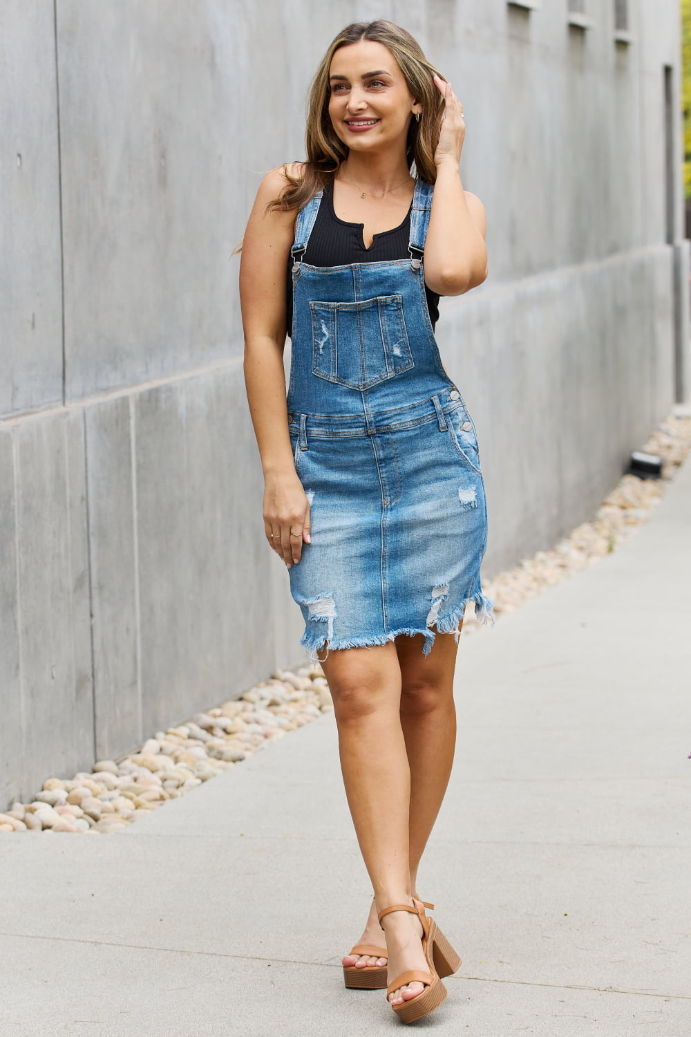 RISEN Olivia Denim Overall Mini Dress free shipping -Oh Em Gee Boutique