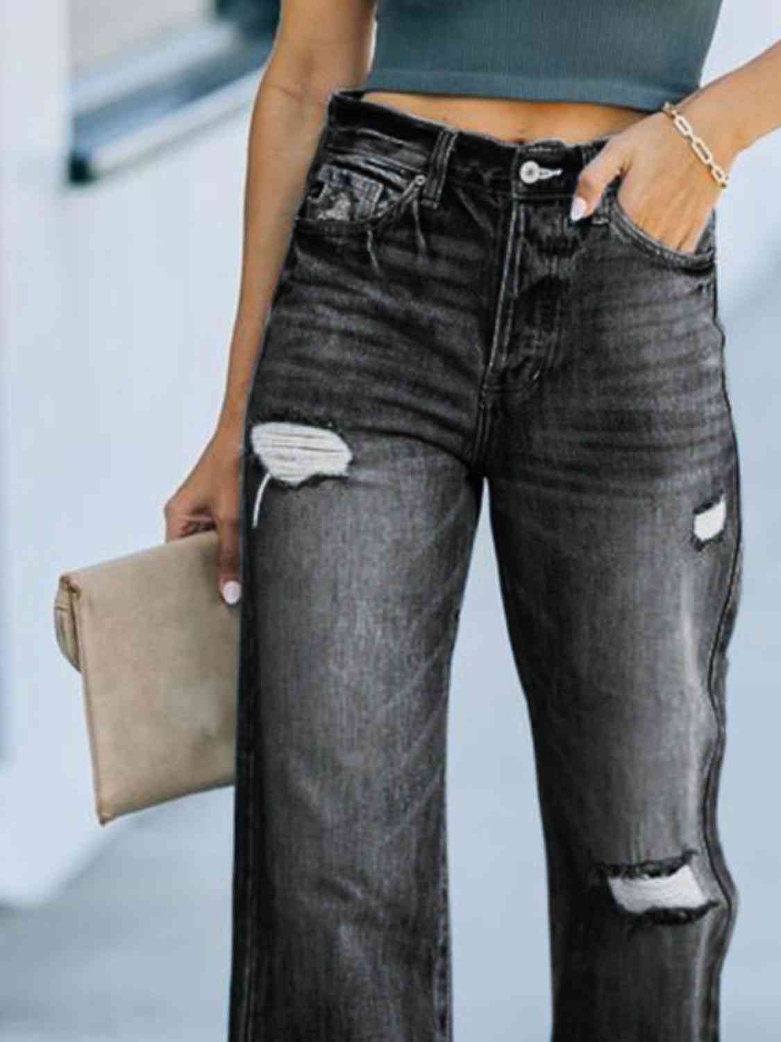 Distressed Straight Leg Jeans free shipping -Oh Em Gee Boutique