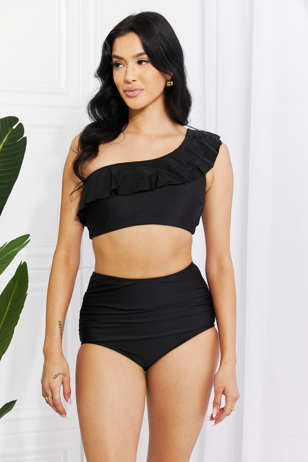 Marina West Swim Seaside Romance Ruffle One-Shoulder Bikini in Black free shipping -Oh Em Gee Boutique