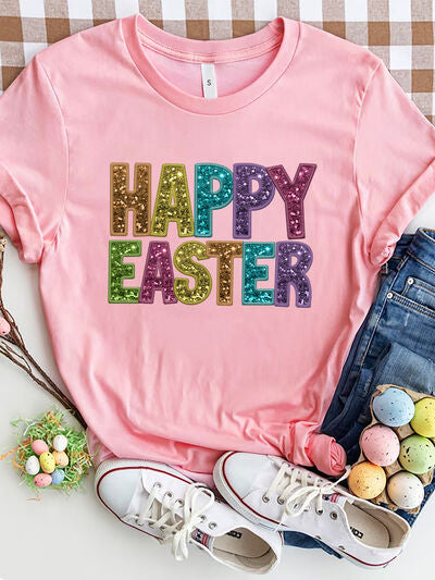 HAPPY EASTER Round Neck Short Sleeve T-Shirt free shipping -Oh Em Gee Boutique