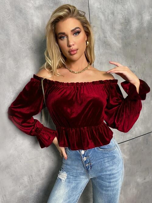 Off-Shoulder Flounce Sleeve Blouse free shipping -Oh Em Gee Boutique