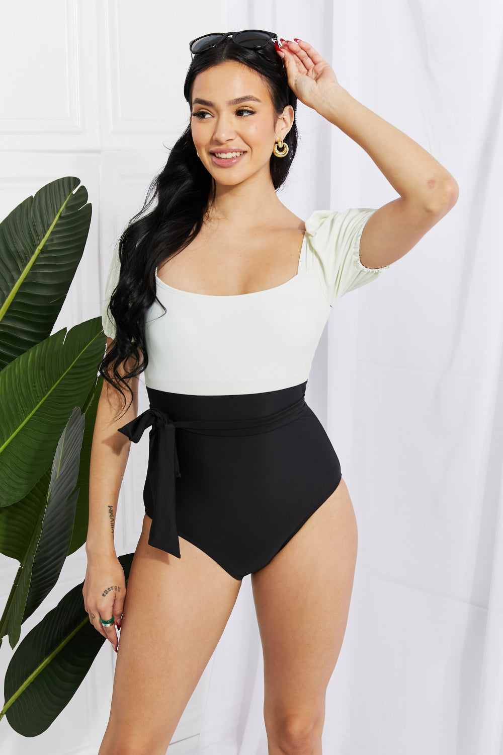 Marina West Swim Salty Air Puff Sleeve One-Piece in Cream/Black free shipping -Oh Em Gee Boutique