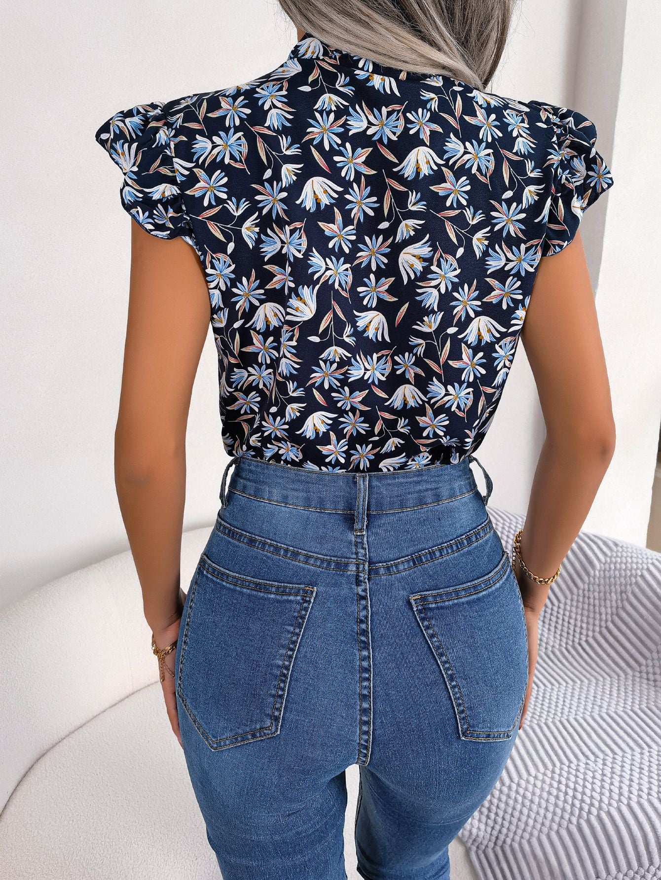 Floral Tie Neck Flutter Sleeve Blouse free shipping -Oh Em Gee Boutique