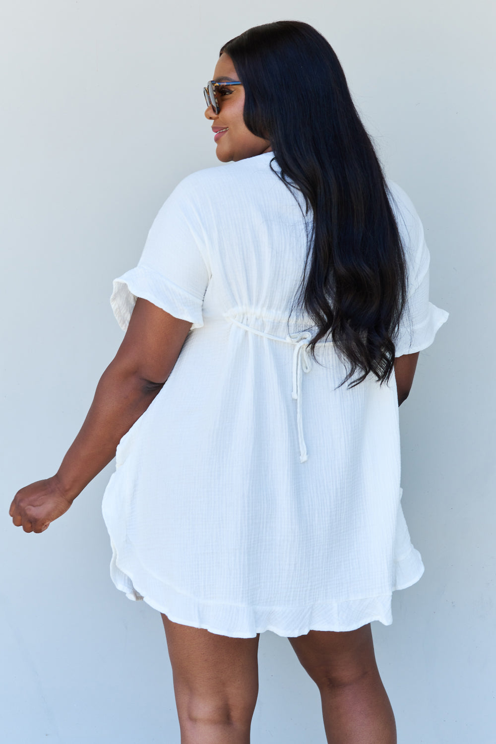 Ninexis Out Of Time Full Size Ruffle Hem Dress with Drawstring Waistband in White free shipping -Oh Em Gee Boutique