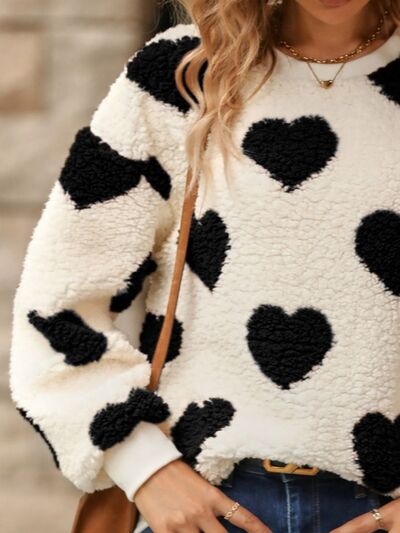 Fuzzy Heart Dropped Shoulder Sweatshirt free shipping -Oh Em Gee Boutique