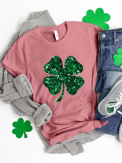 Lucky Clover Sequin Round Neck T-Shirt free shipping -Oh Em Gee Boutique