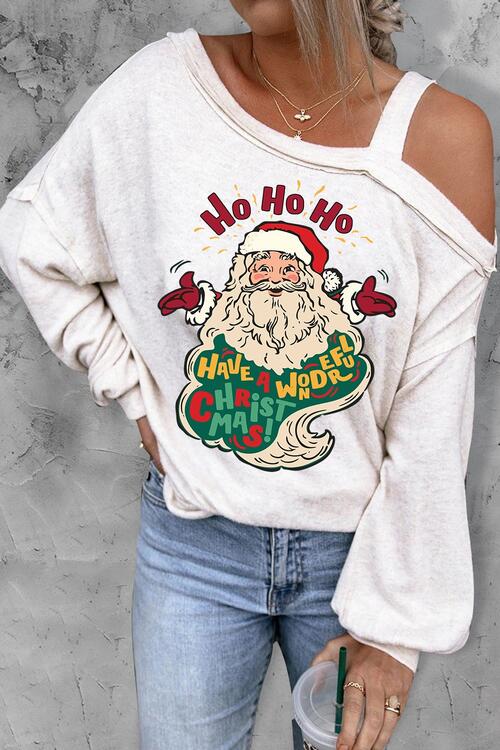 Santa Claus Graphic Asymmetrical Neck Long Sleeve Top free shipping -Oh Em Gee Boutique