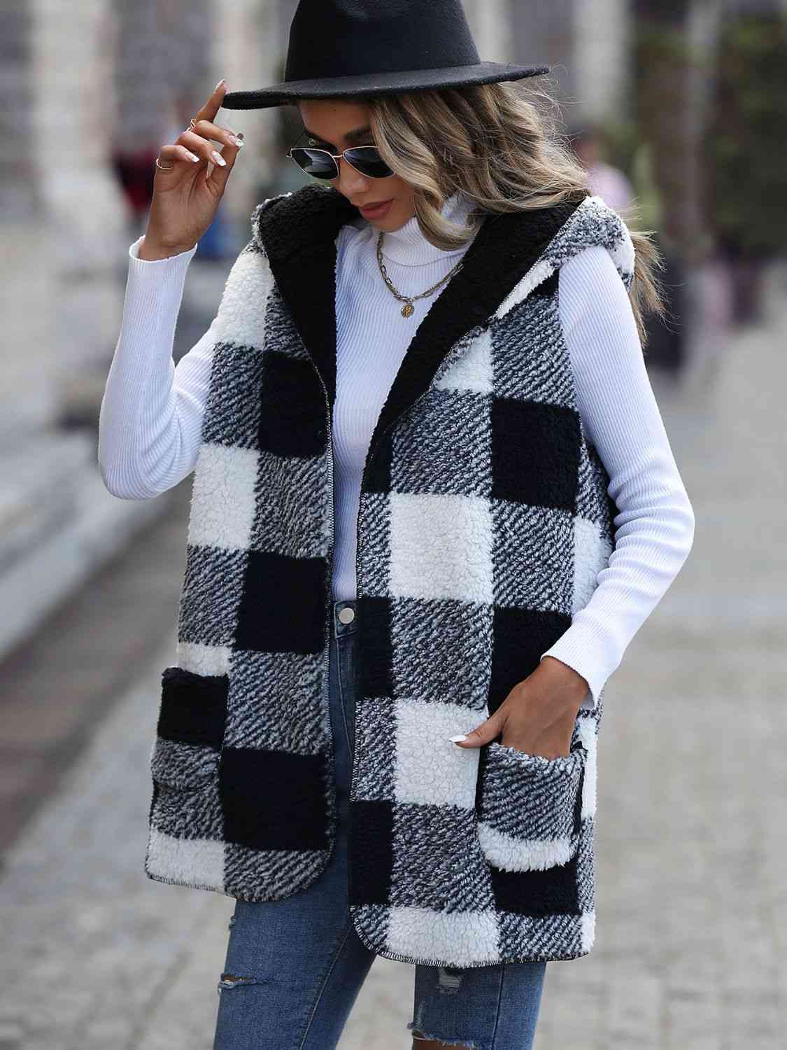 Plaid Hooded Vest with Pockets free shipping -Oh Em Gee Boutique